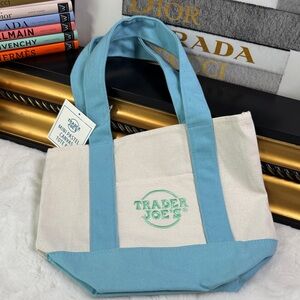 Trader Joe’s mini bag Cream and Light Blue Canvas Tote Bag 13”X10”X 6” NWT